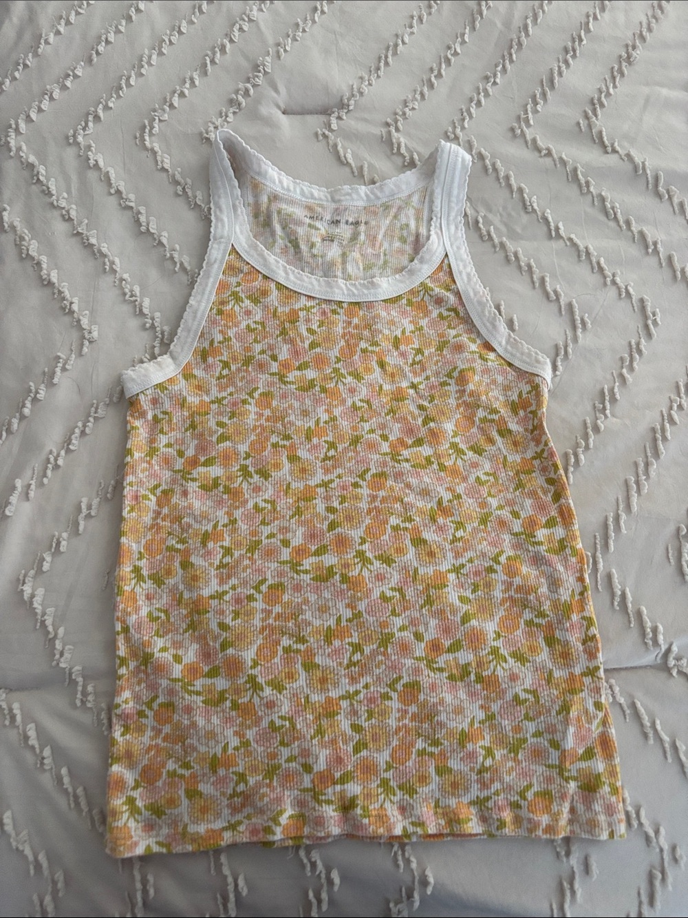 American Eagle Floral Ribbed Tank Top with White Trim
